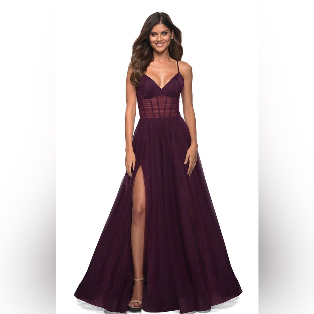 La Femme Purple Corset Open Back V-neck Tulle A-line Ball Gown